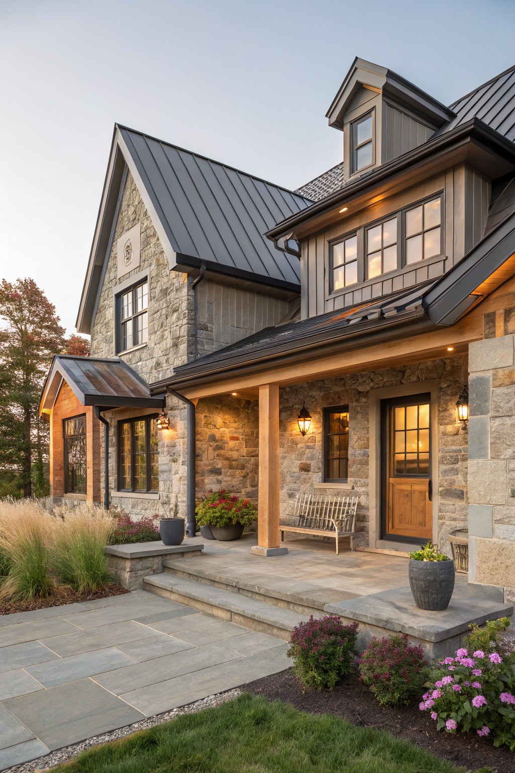 Front view of a stone and wood house with a dark metal roof, covered porch supported by wooden columns, and a wooden front door.