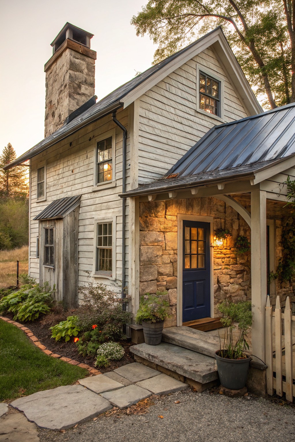 A white wood-sided house with a stone chimney on the left and stone surrounding a blue front door on the right, viewed from the front yard path.