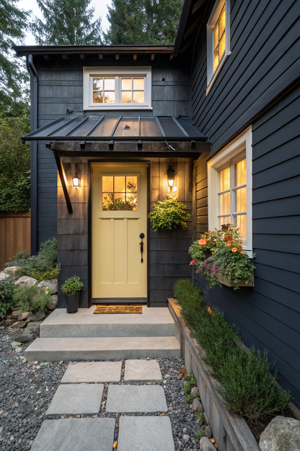 A dark gray shingled house with a yellow front door under a metal awning, concrete steps, and a stone path leading to the entrance.
