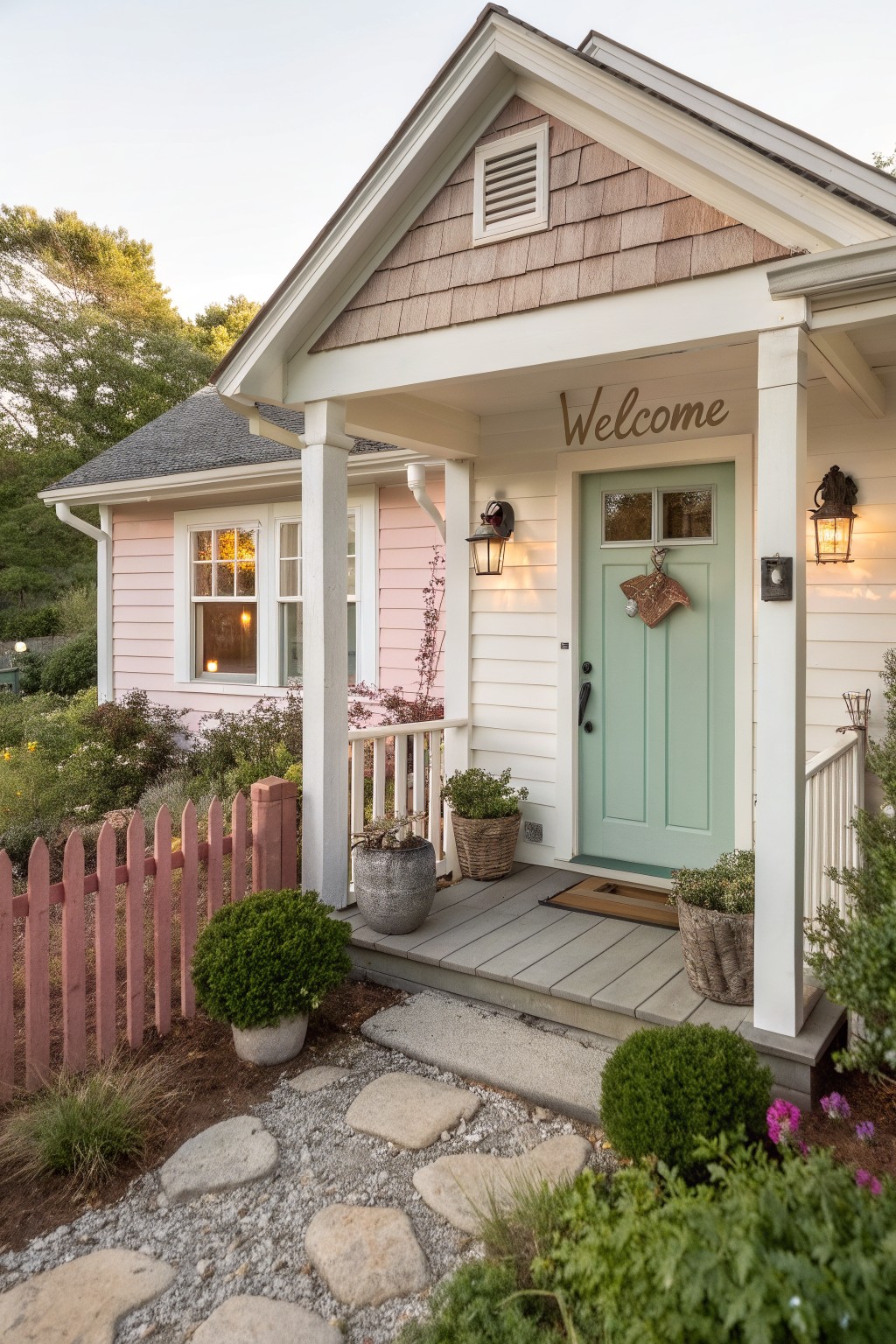 A pink cottage house with white trim, a mint green front door, and a welcome sign above the door on a covered porch.