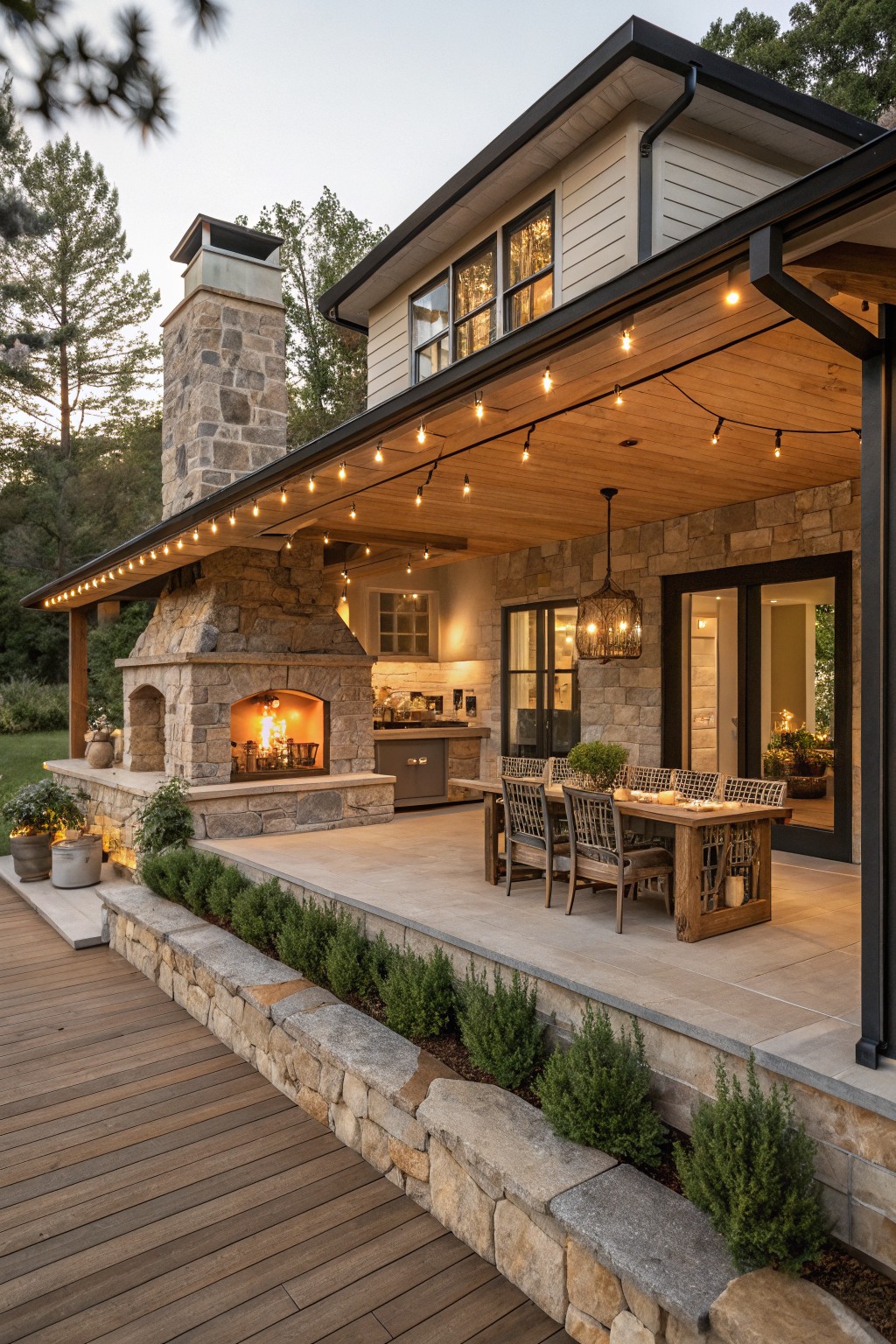 A large covered porch on a farmhouse with a prominent stone fireplace, dining table and chairs, and string lights strung across the wooden ceiling.