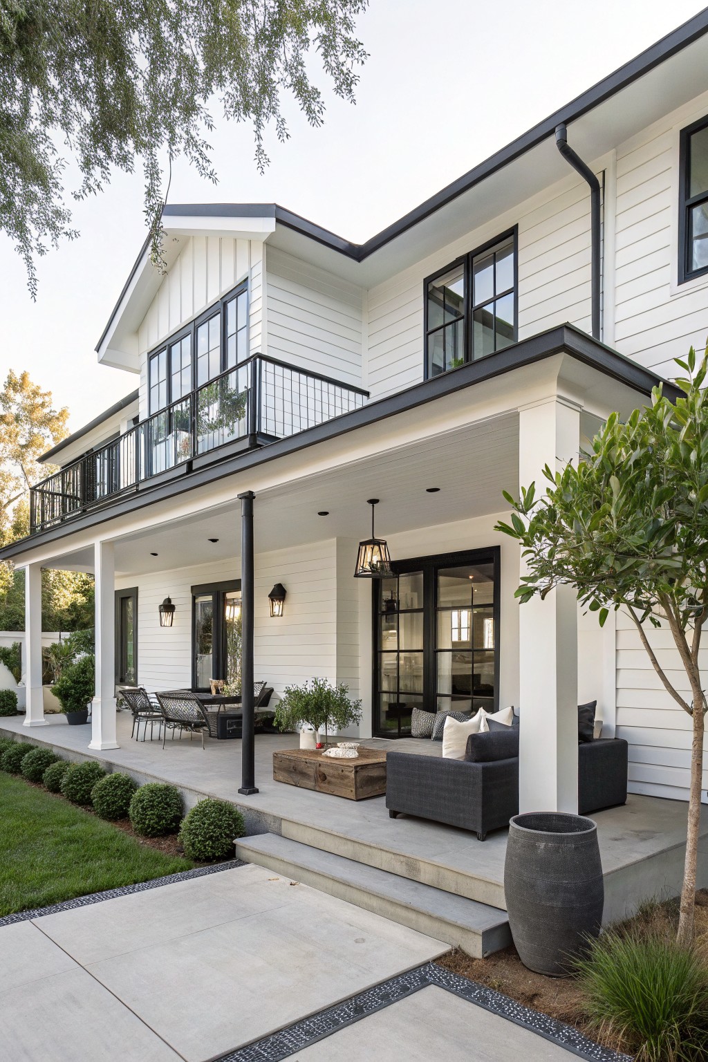 A white farmhouse with black trim and a large wrap-around porch furnished with seating areas and a wooden coffee table.