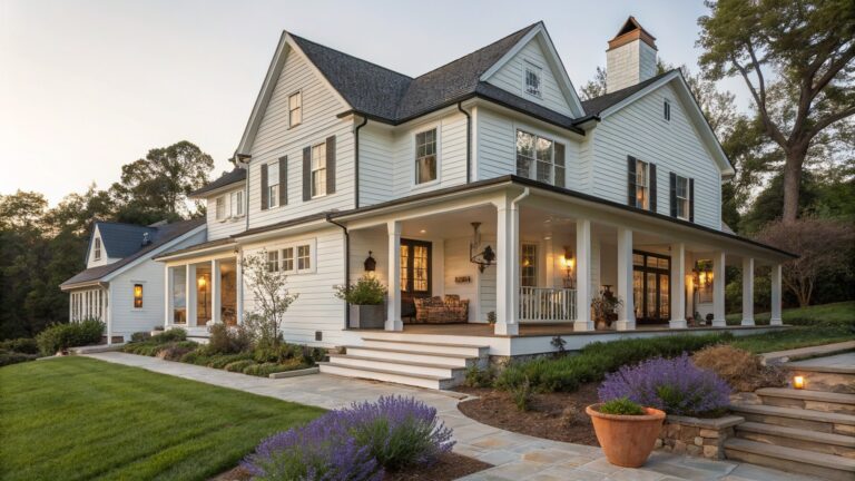 A white two-story farmhouse with a wrap-around porch, white columns, stone steps, and pink flowering shrubs in the foreground.