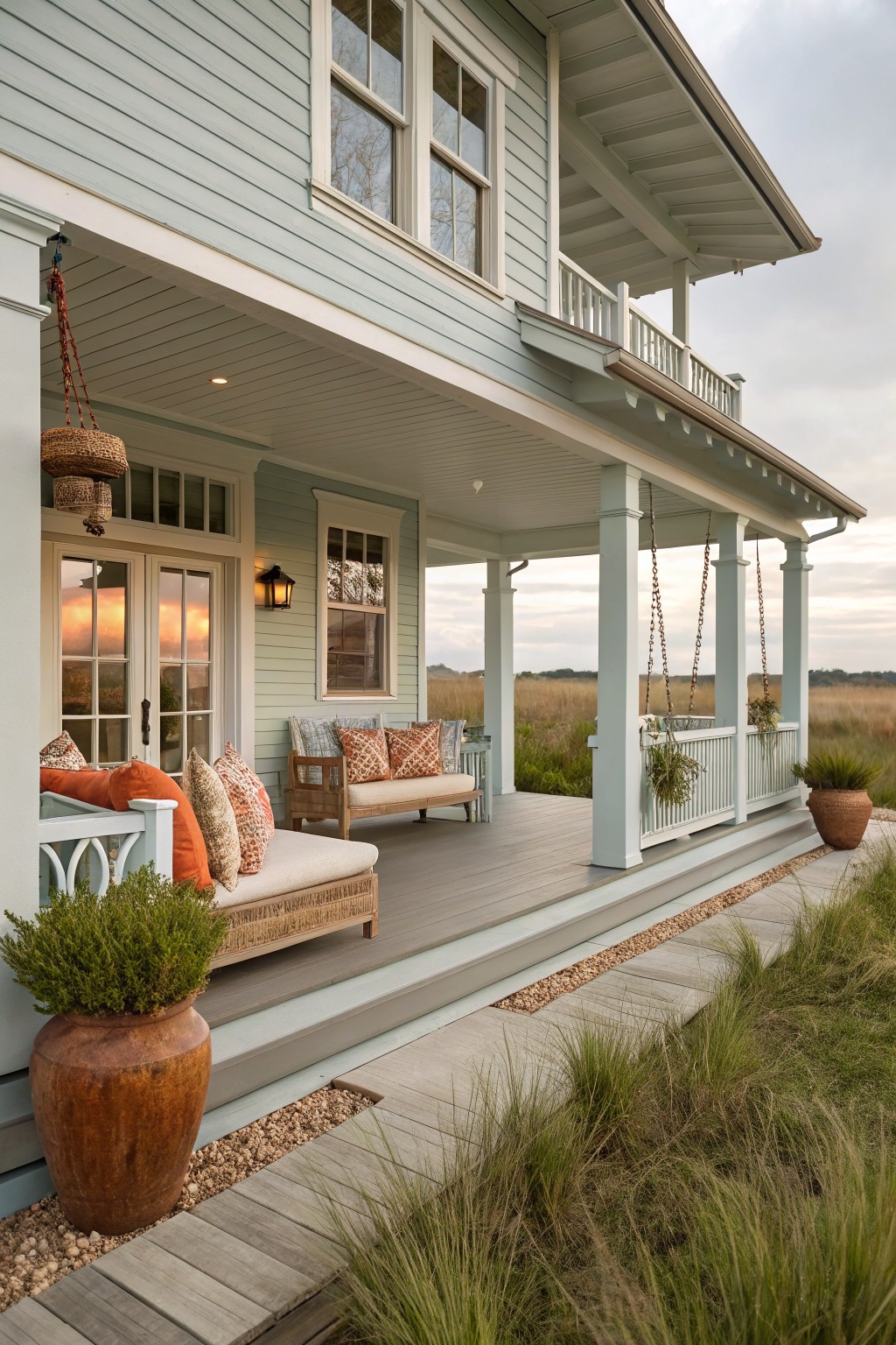 A light blue farmhouse with a wrap-around porch, hanging swings on chains, cushioned benches, and potted plants beside a grassy field.
