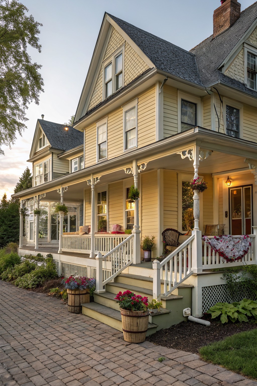 A two-story yellow farmhouse with a white wrap-around porch that turns the corner, wooden steps, and flower barrels along a brick walkway.