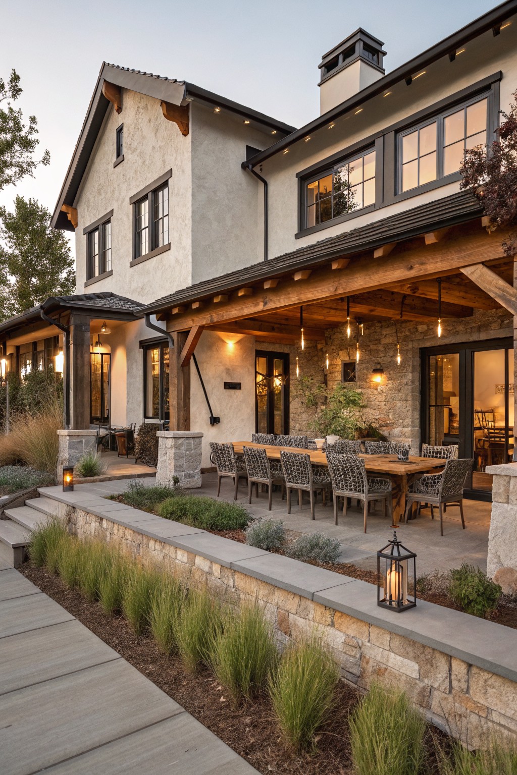 A long wooden dining table with woven chairs is set under a timber-framed covered porch attached to a stone and stucco house, with string lights overhead.