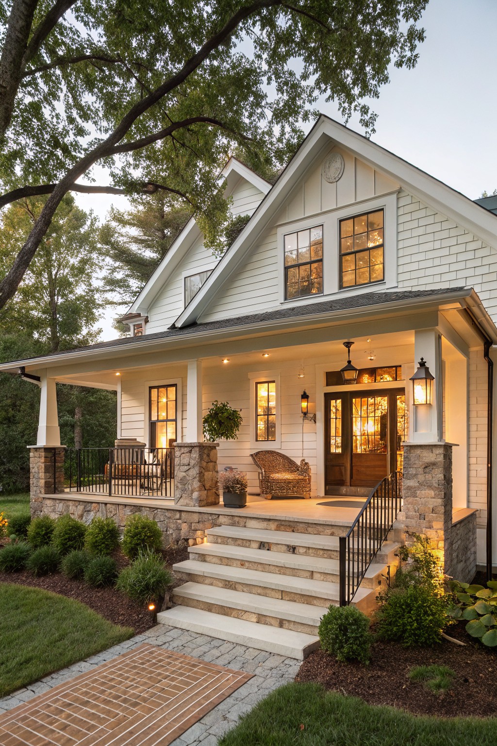 Front view of a white farmhouse with a wrap-around porch supported by stone piers, wooden steps, and a central entry door.
