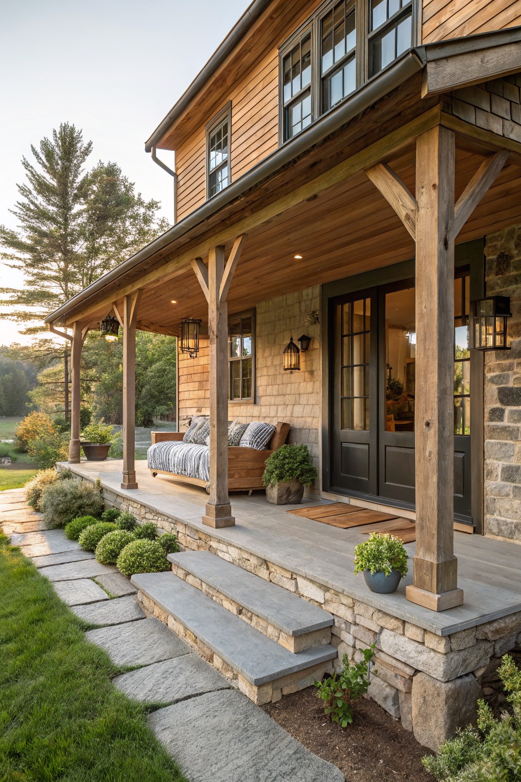 A wooden farmhouse exterior with a wrap-around porch supported by thick timber posts, a wooden bench on the porch, stone foundation, and steps leading to dark double doors.