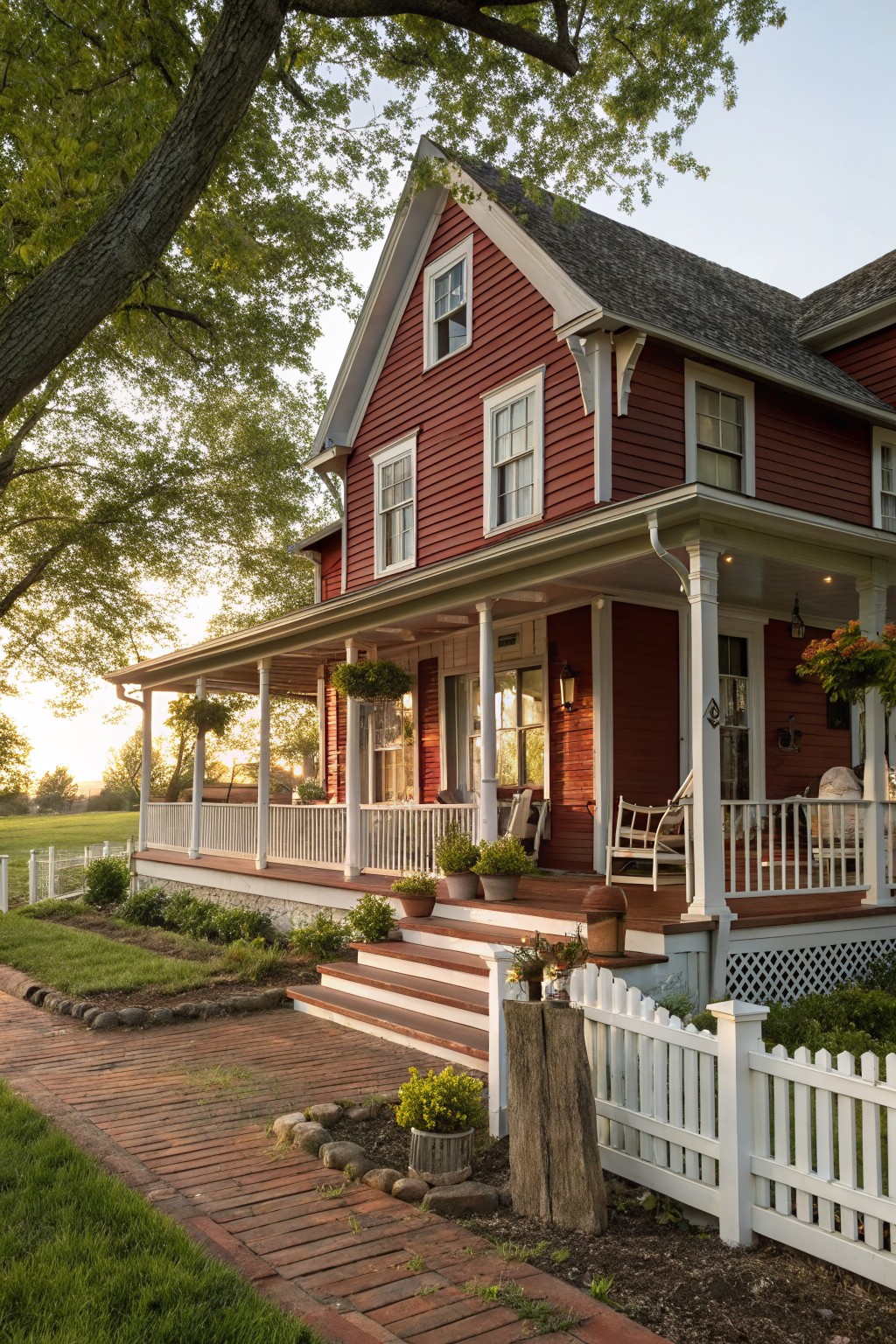 A red farmhouse with white trim has a large wooden wrap-around porch with white railings, steps, and rocking chairs.