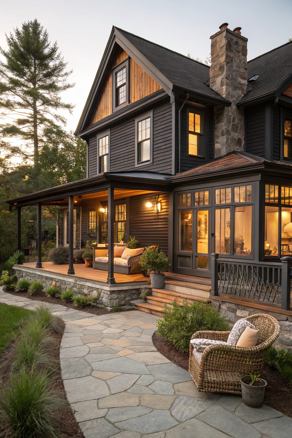 A dark wood sided farmhouse with a large wrap around porch featuring wooden decking, stone foundation, and multiple windows with warm interior lighting visible at dusk.