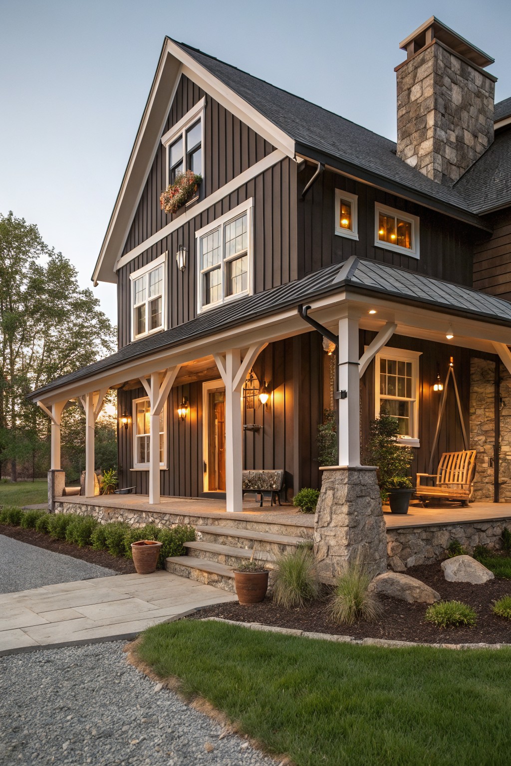 A dark wood farmhouse exterior with a wrap around porch supported by white columns resting on stone piers, multiple windows, and a large stone chimney.