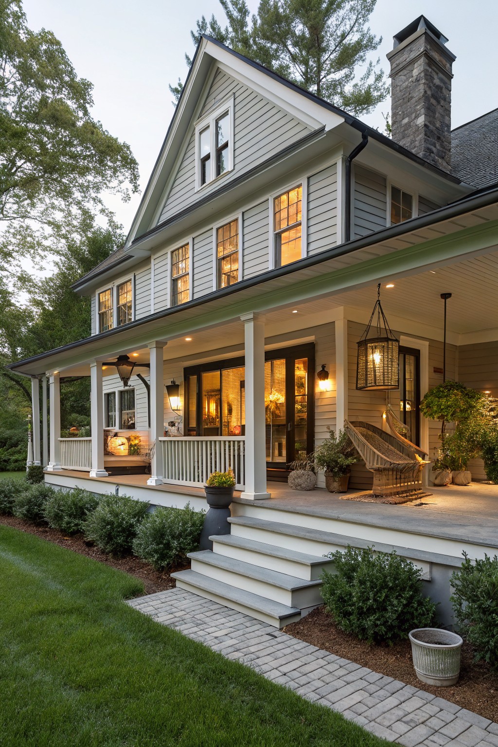 A two-story farmhouse exterior with light siding, a wrap-around porch supported by white columns, and a stone chimney on the right side.