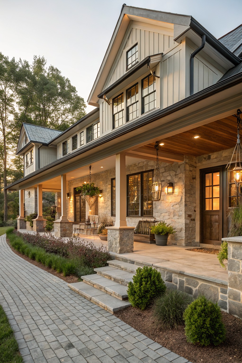A two-story farmhouse exterior featuring a wrap-around porch with white columns on stone bases, stone wall accents, and a paved walkway leading to the front steps.