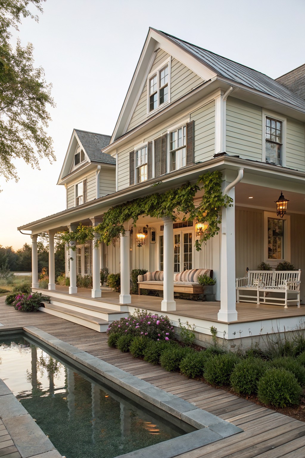 A light gray farmhouse with a wrap-around wooden porch, white columns, and a small rectangular pond in the foreground.