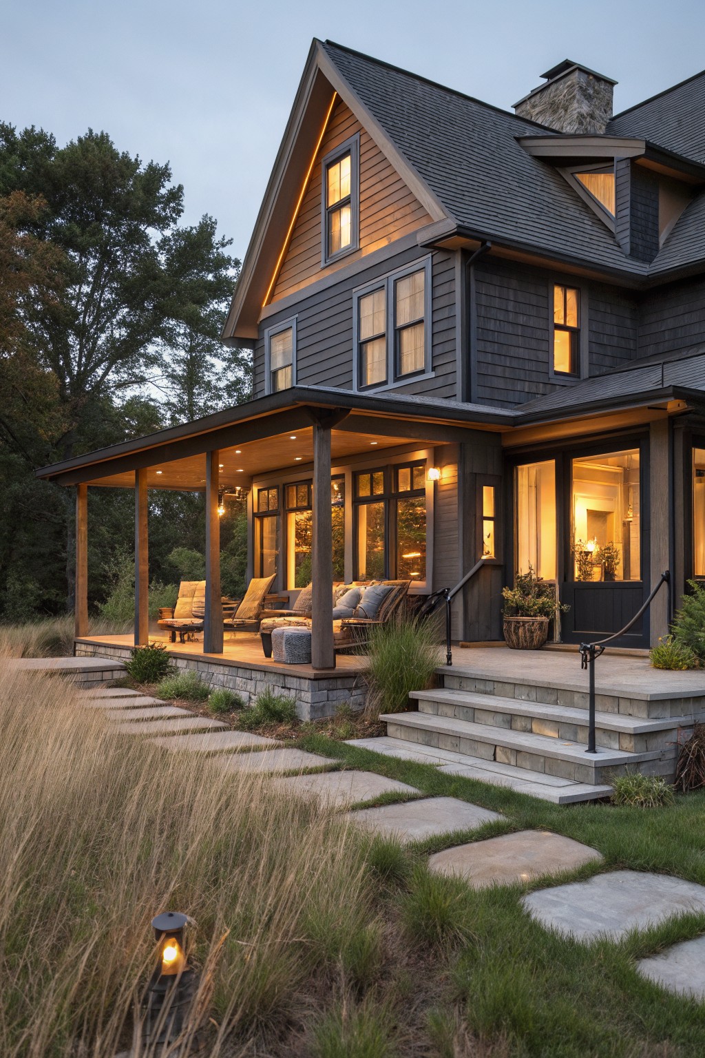 A dark wood two-story farmhouse with a large wrap-around porch, multiple seating areas, and stone pathway leading to the front steps.