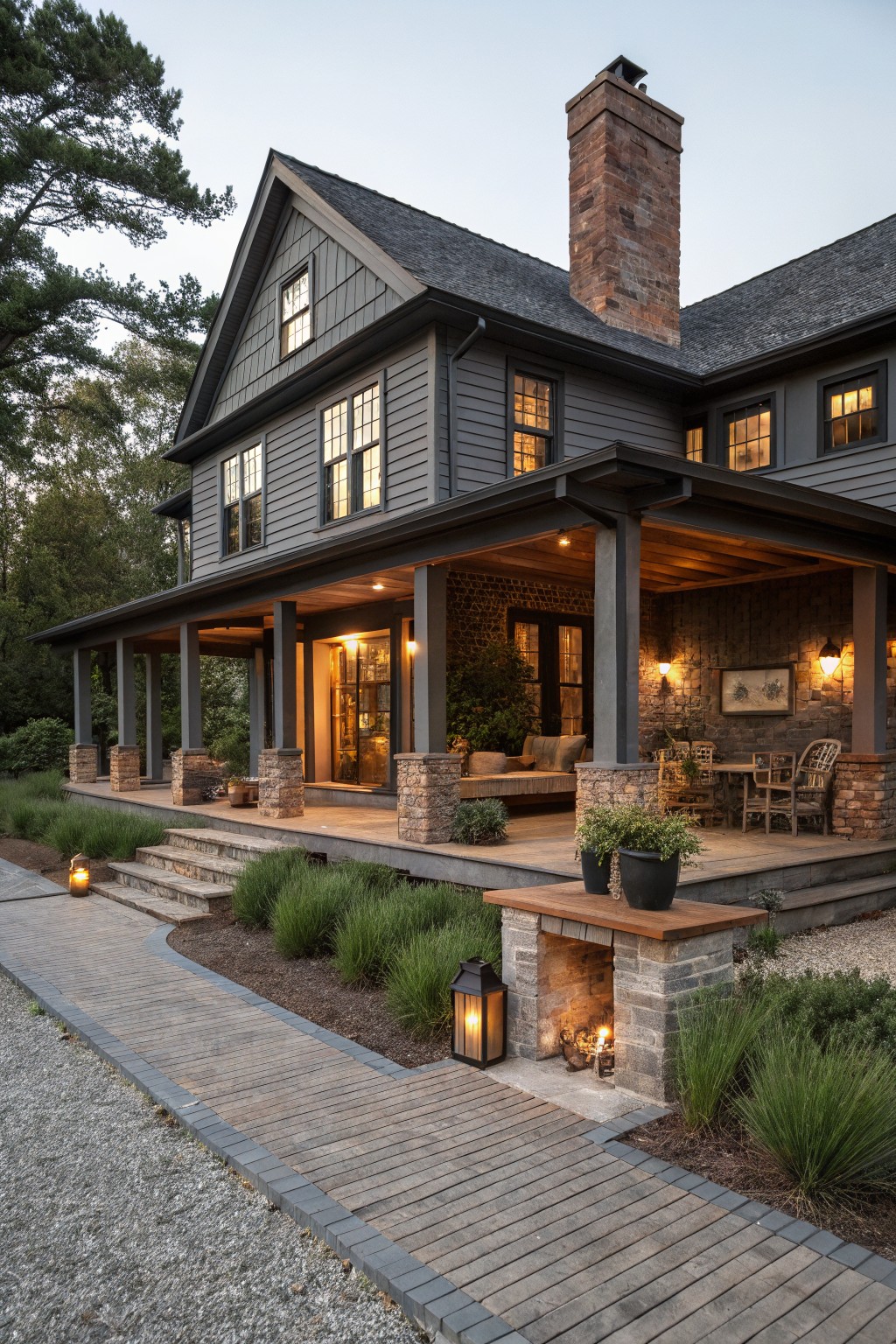 A gray farmhouse exterior with a large wrap-around porch supported by stone pillars and featuring a wooden deck at dusk.