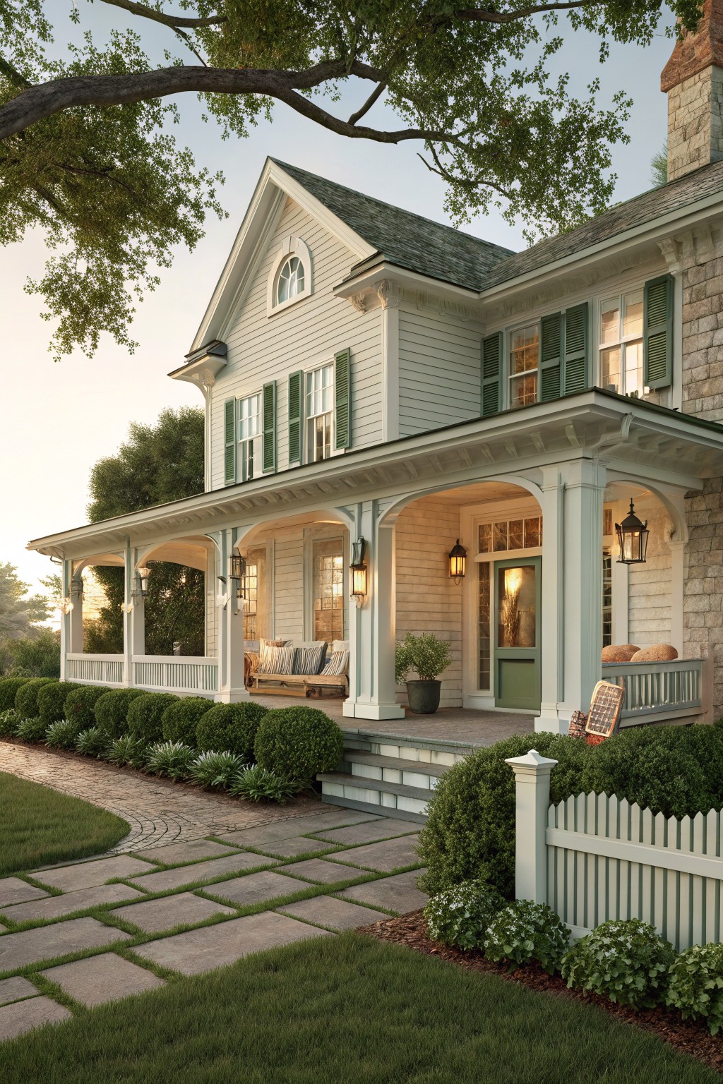 A white two-story farmhouse with green shutters and a wrap-around porch supported by white columns, with stone steps, landscaping, and a paved walkway in front.