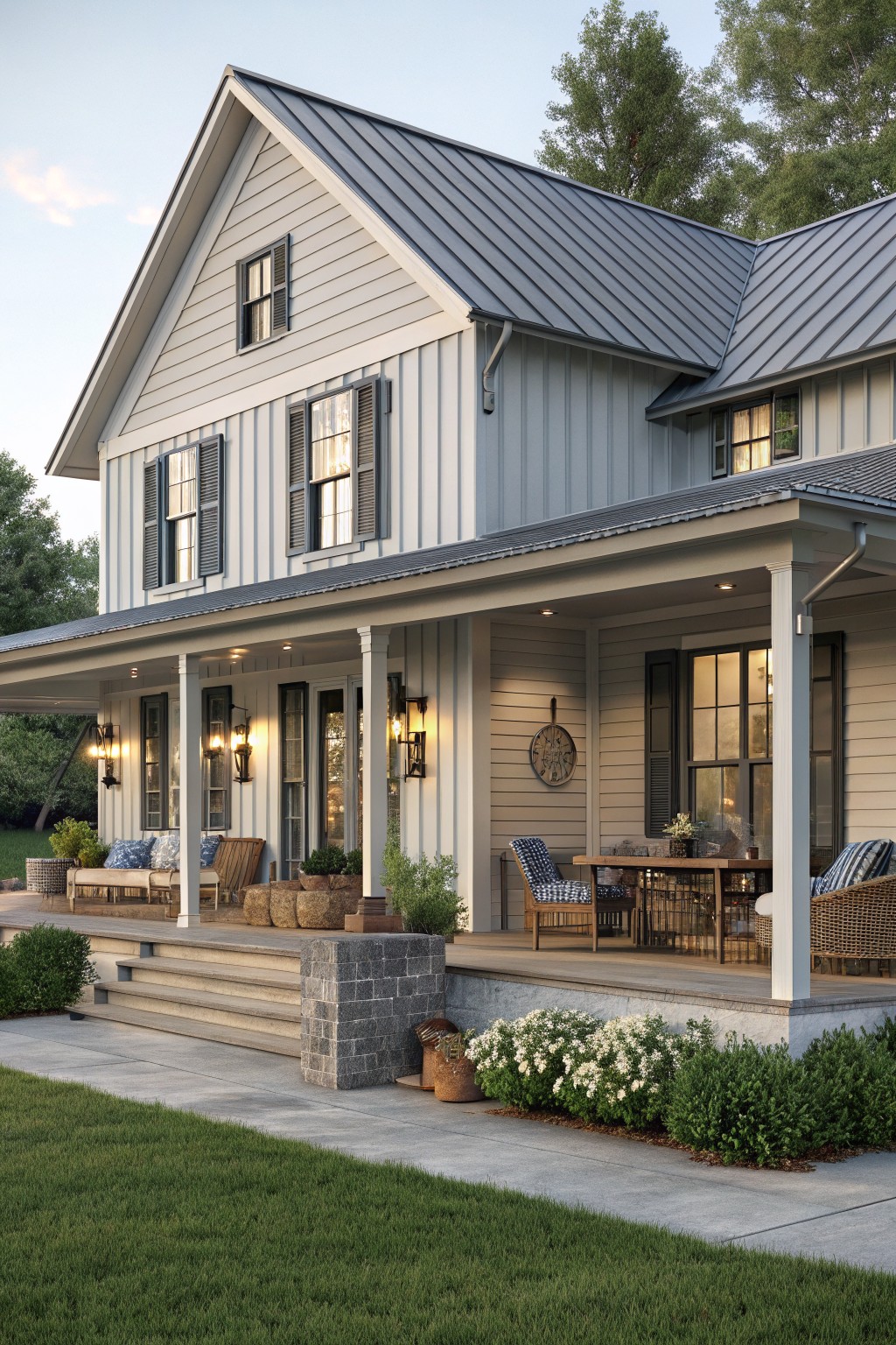 A two-story light gray farmhouse with a large wrap-around porch, multiple seating areas, a dining table, and stone steps leading to the lawn.