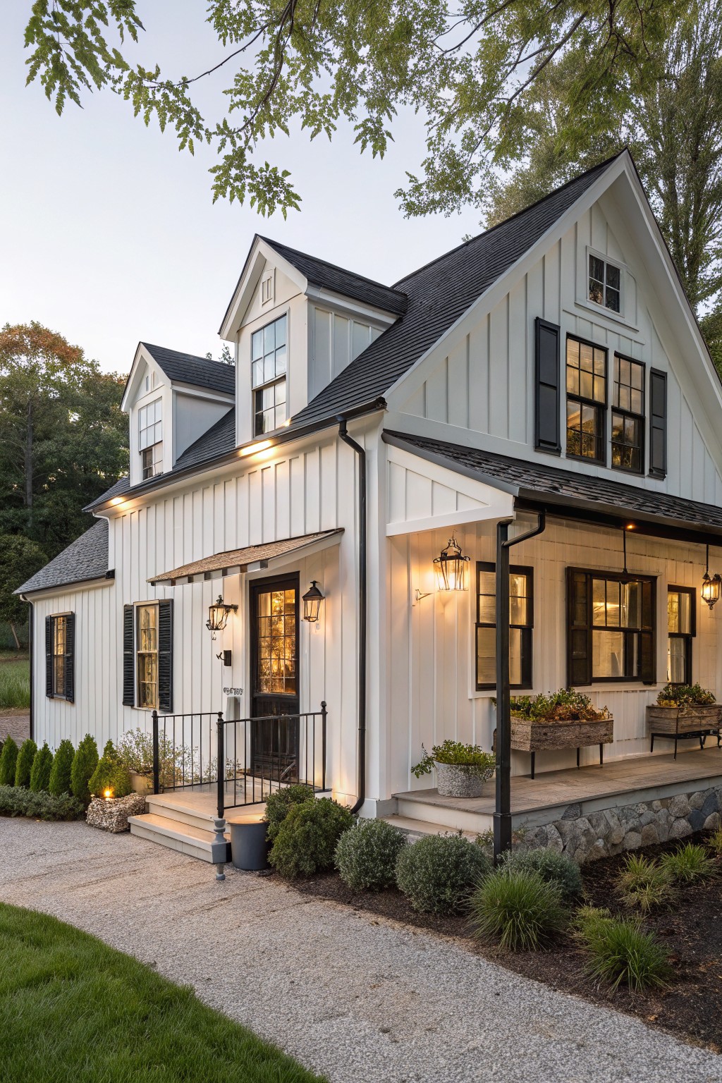 A white two-story farmhouse with black shutters, black window frames, and a black front door, shown from the front with a small porch and gravel path.
