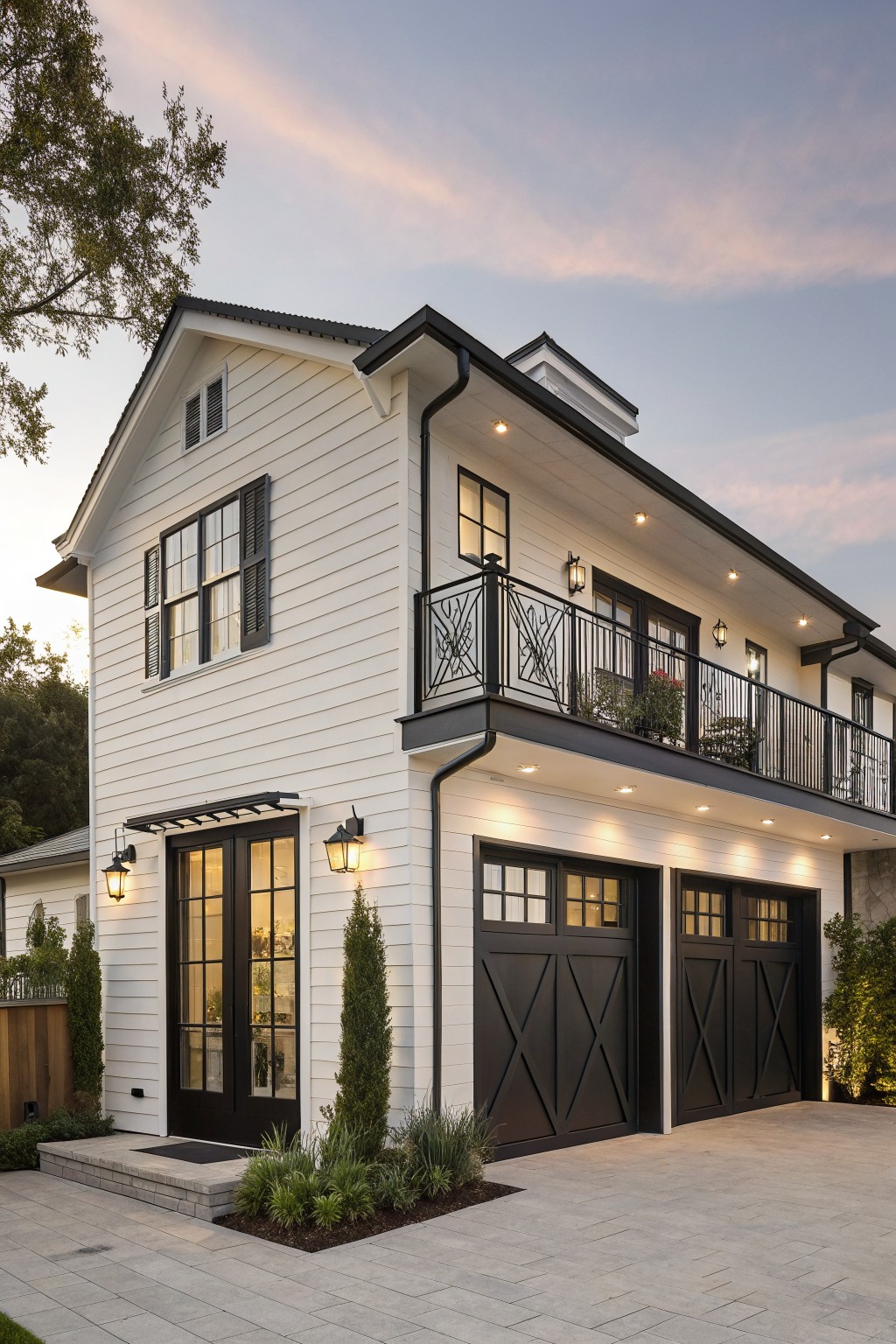 Modern white two-story house with black trim, balcony, and double garage.
