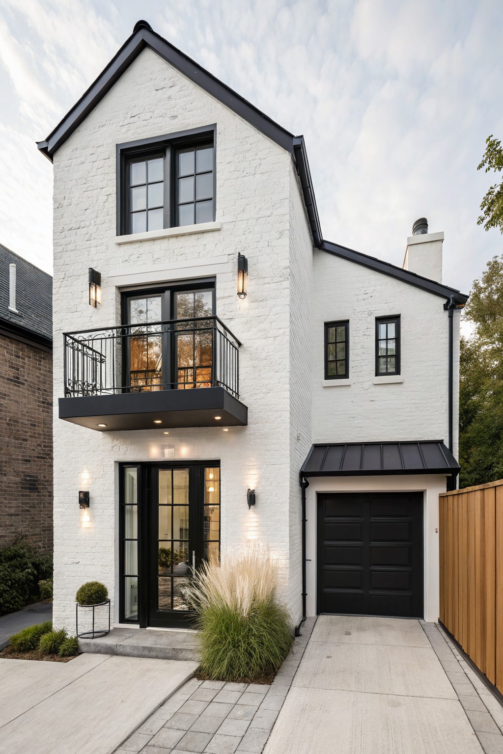 Modern white brick house with black windows, balcony, and garage door.