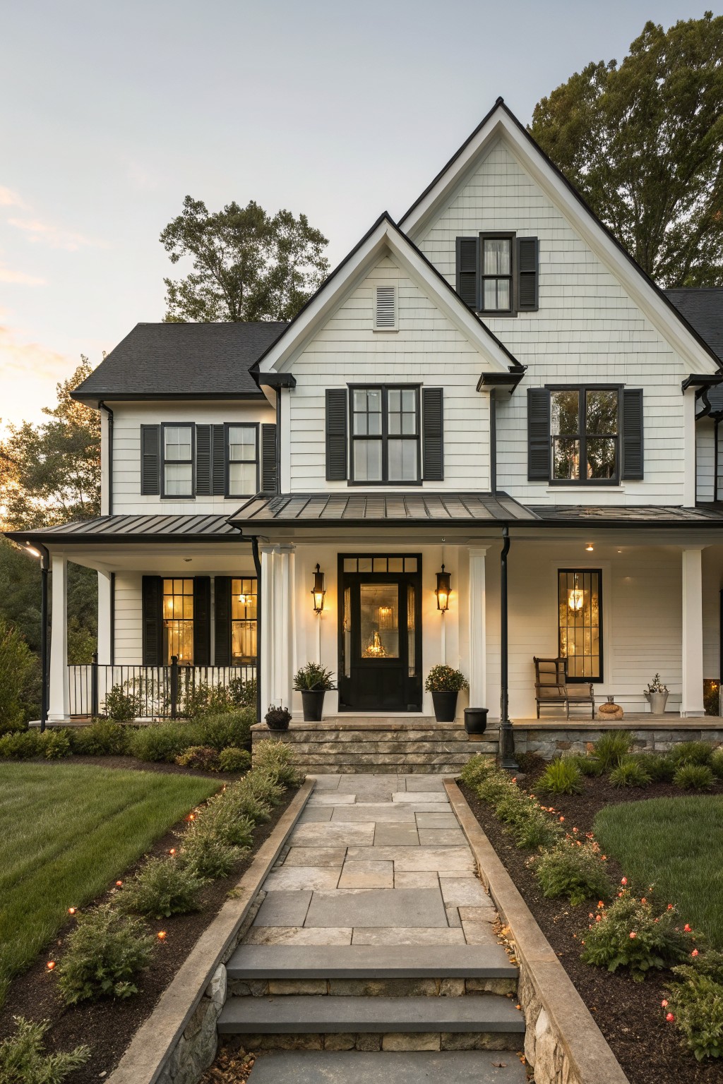 White two-story house with black shutters, porch, and stone pathway at dusk