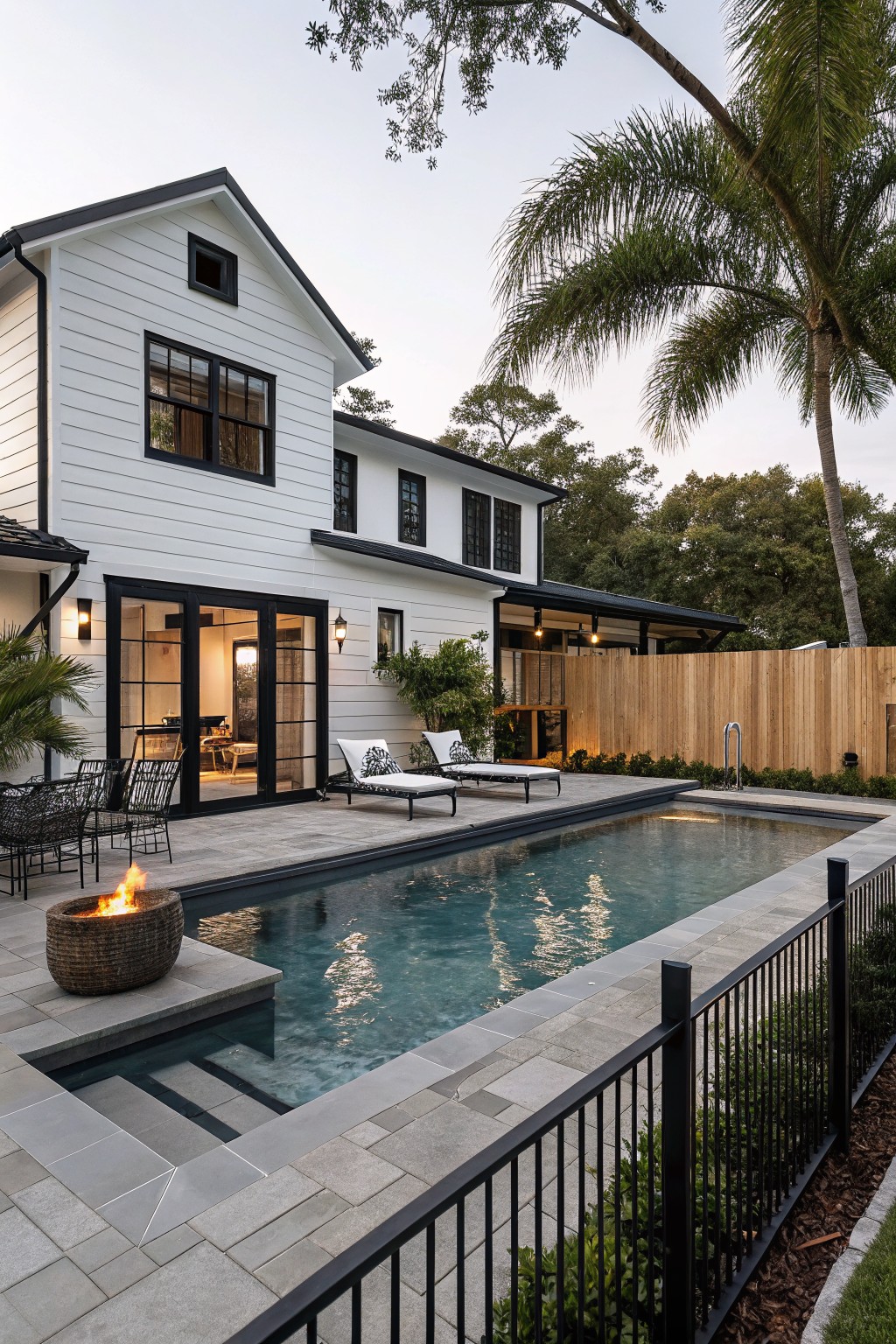 A two-story white house with black trim around windows and doors, a swimming pool in front, and a stone patio with lounge chairs.