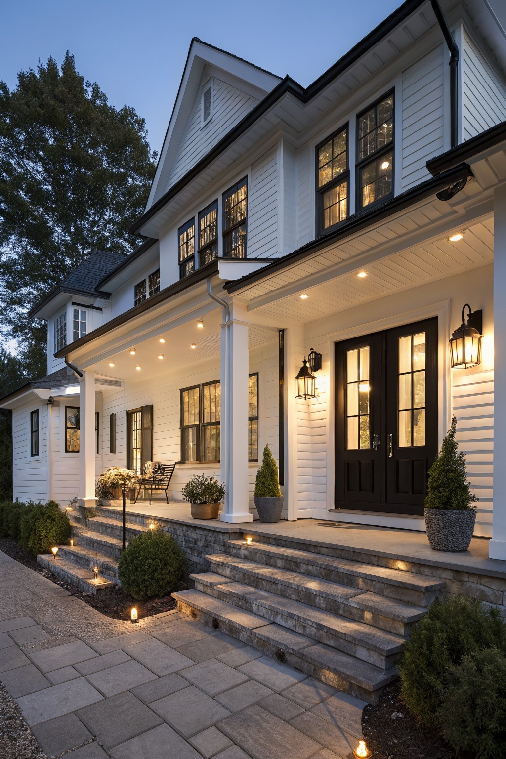 A white two-story farmhouse exterior with black window trim, black double front doors, a covered porch, and stone steps leading to a paved walkway.
