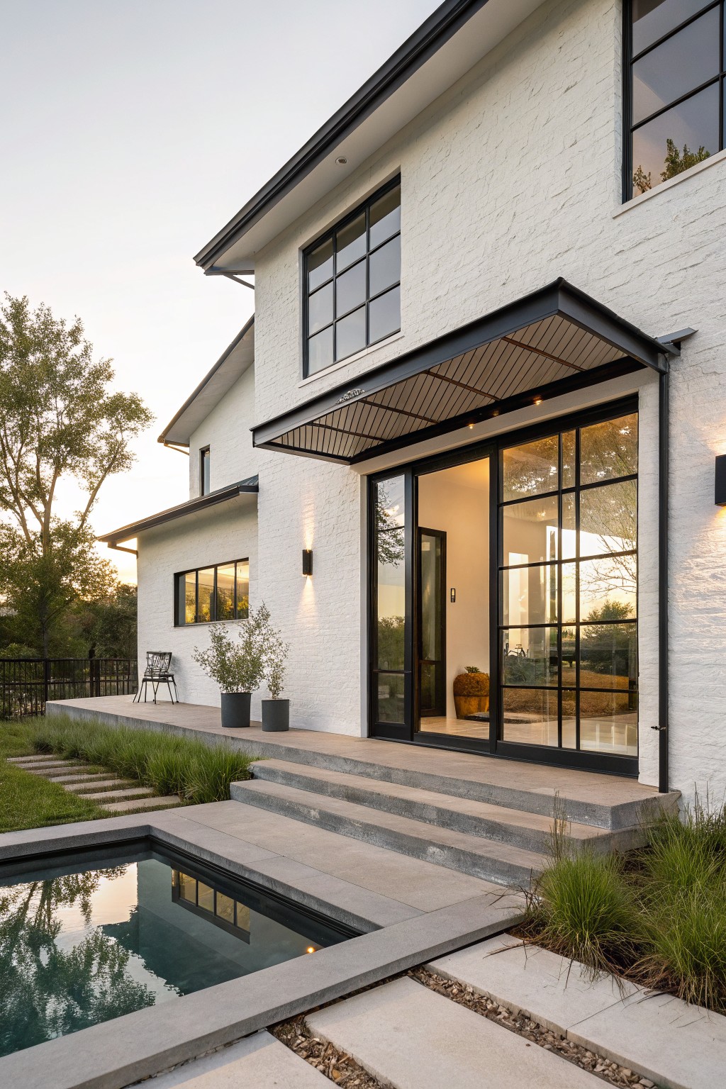 A white brick farmhouse with black-framed windows and doors, a black metal awning over the entry, concrete steps, and a rectangular pool in the foreground.