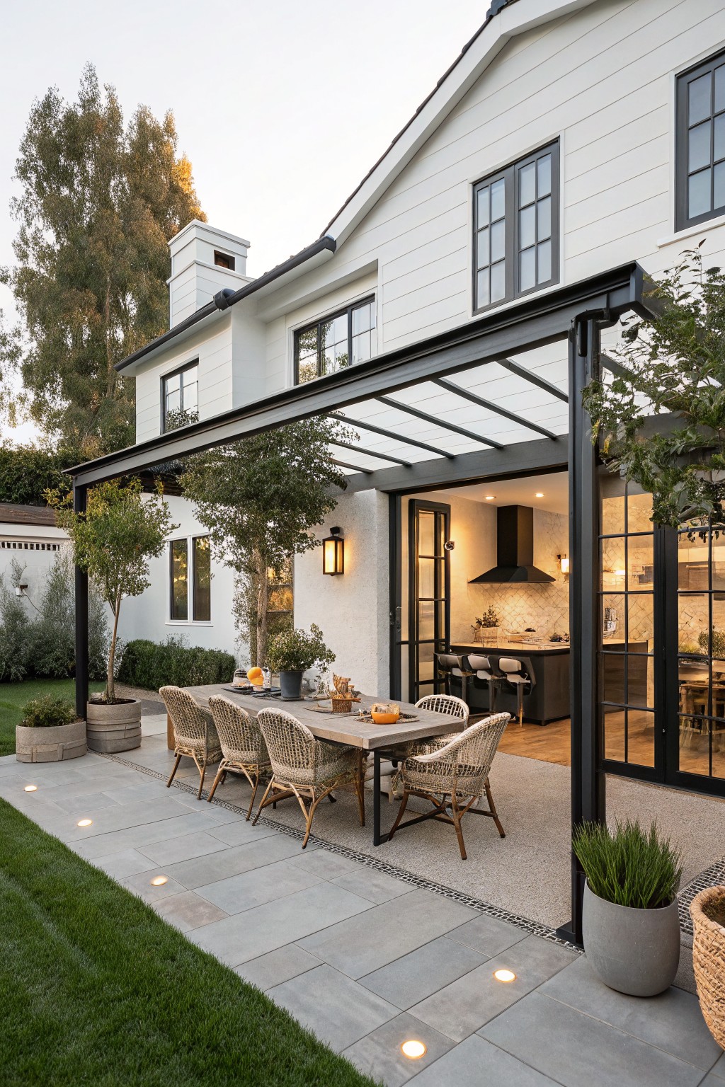 White farmhouse exterior with black trim and windows, showing a black-framed pergola covering an outdoor dining table with woven chairs on a stone patio.