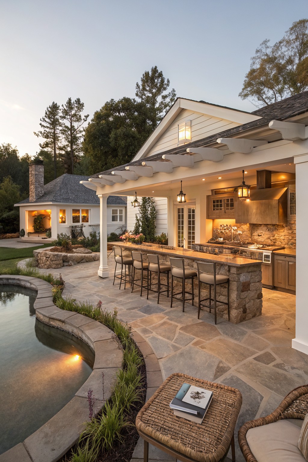A white farmhouse with a covered patio that includes a stone outdoor kitchen bar and seating next to a curved pool.
