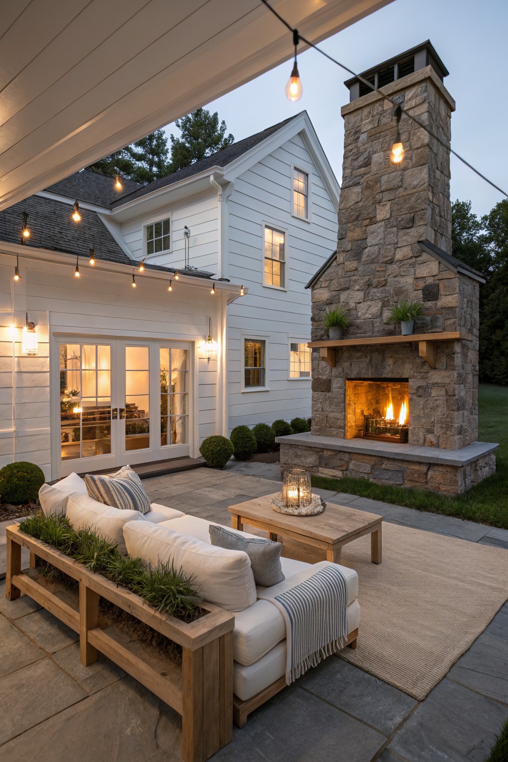 A white house exterior with a large stone outdoor fireplace, sofa, coffee table, and string lights over a paved patio area.