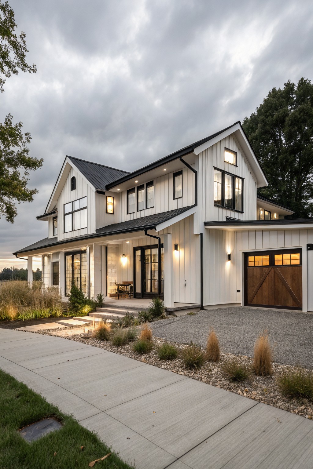 A white farmhouse with vertical siding, black-framed windows, a black roof, and a wooden garage door viewed from the front driveway.
