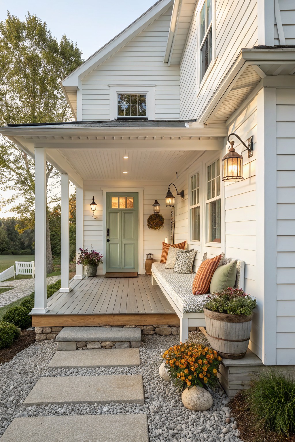 A white farmhouse with a covered front porch, green door, long cushioned bench, and stone steps leading from a gravel path.