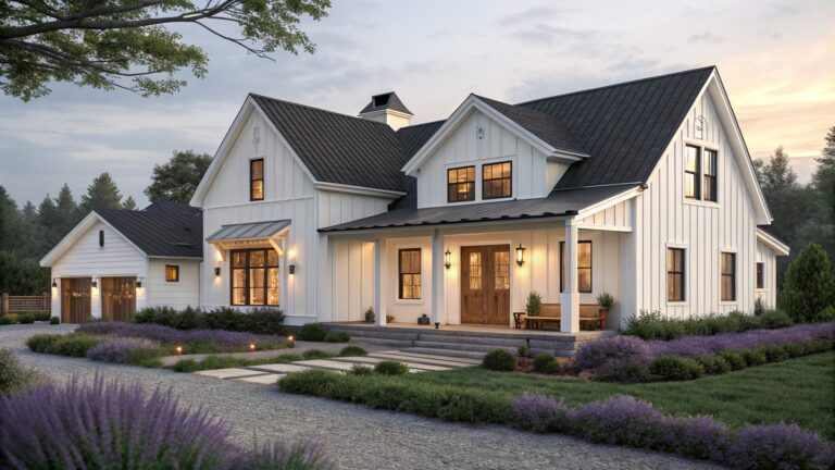 A white farmhouse ranch home with dark roofing, a covered front porch, and a wooden entry door illuminated at dusk.