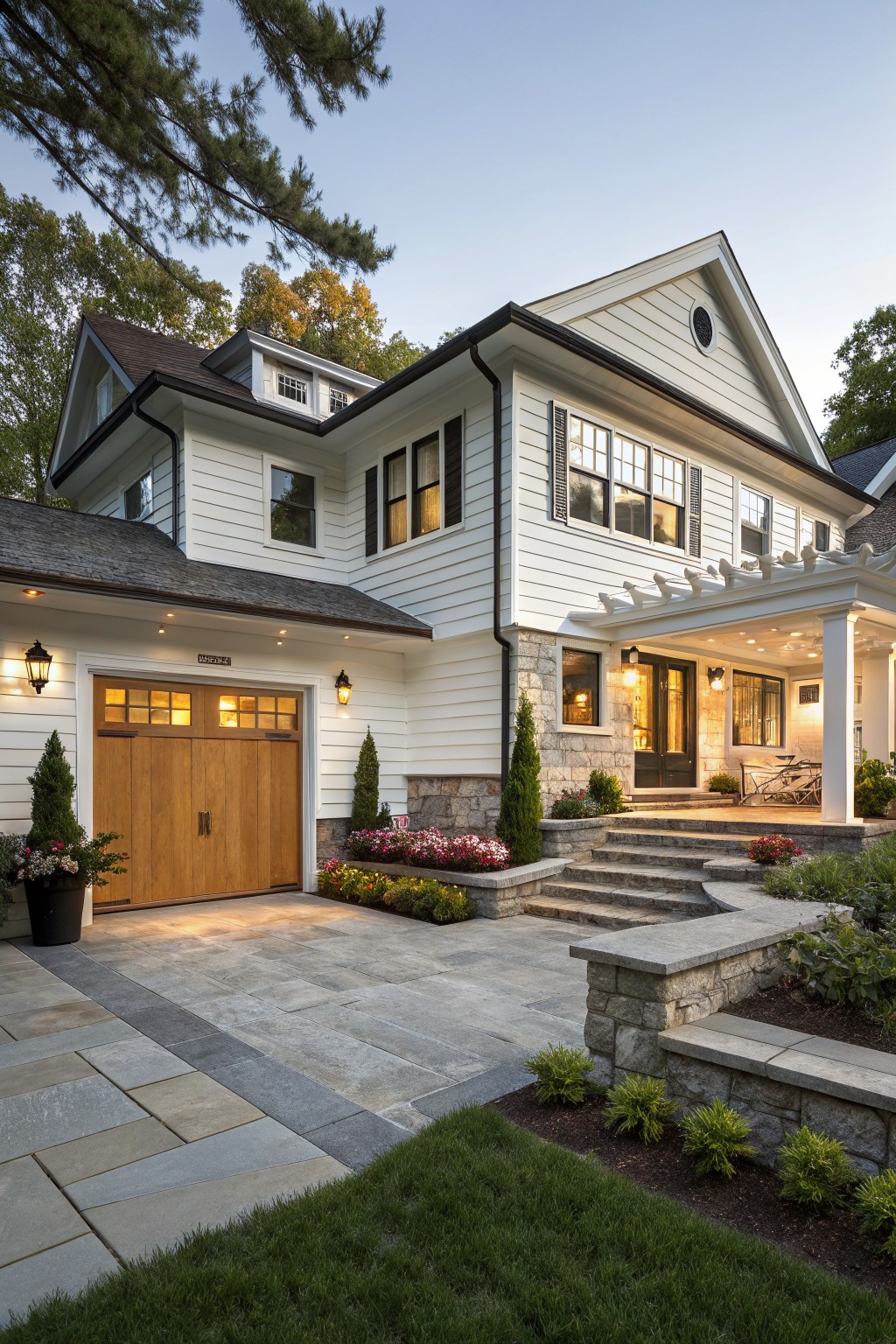 Two-story white house with wooden garage, stone steps, flower beds, and lit windows at dusk.