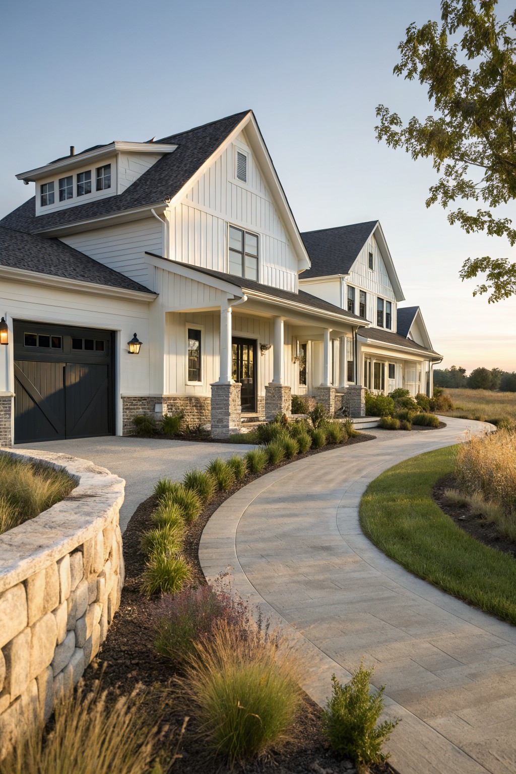 A white farmhouse-style ranch home with a dark roof, black garage door, and stone accents on the foundation and porch columns, shown from a curved concrete driveway.