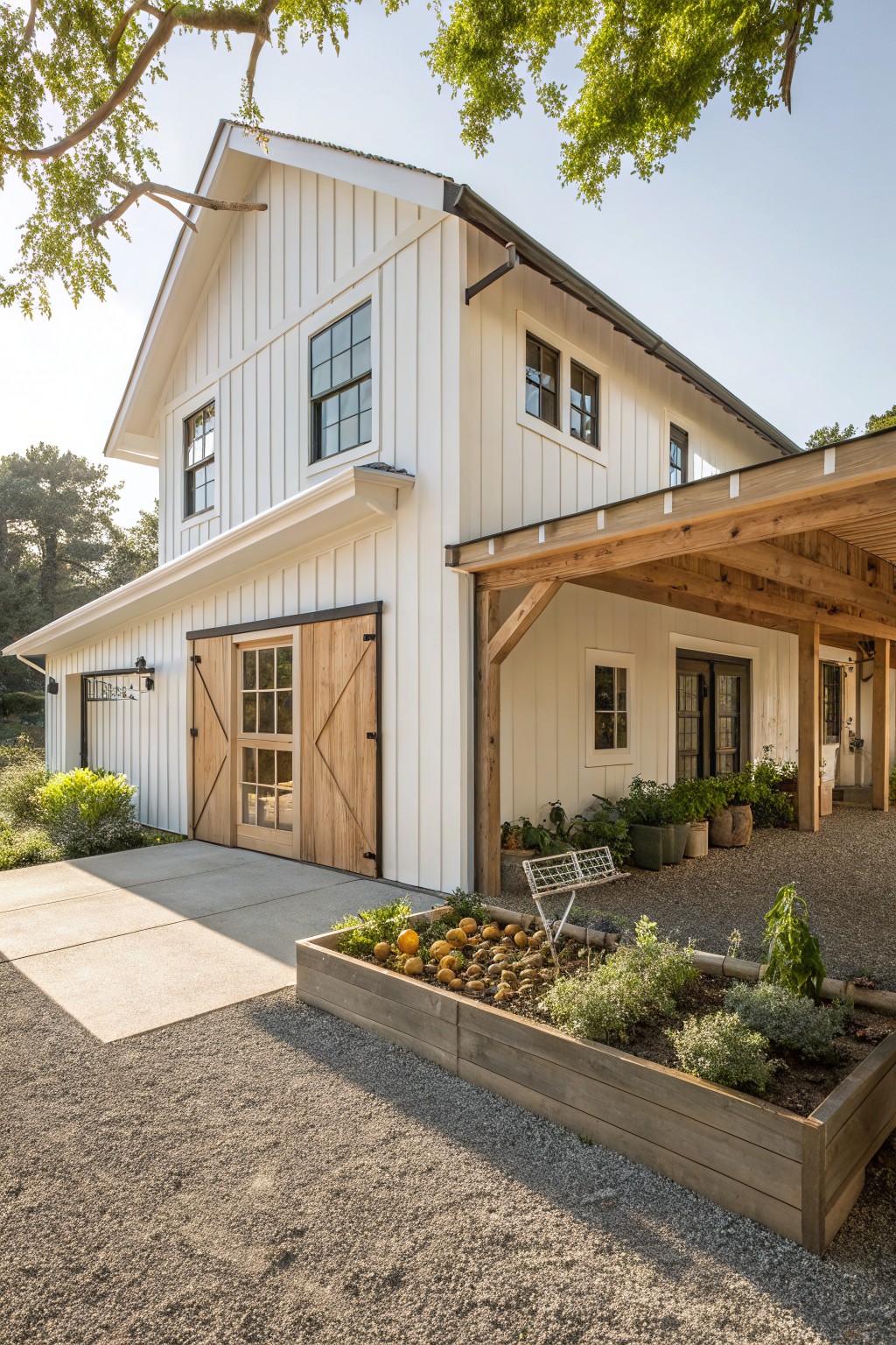 White barn-style home with wooden doors, pergola, and raised garden bed.