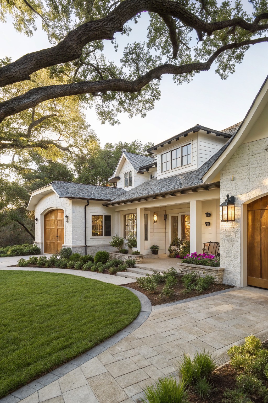 Luxurious white stone house with wooden doors under large oak tree and green lawn