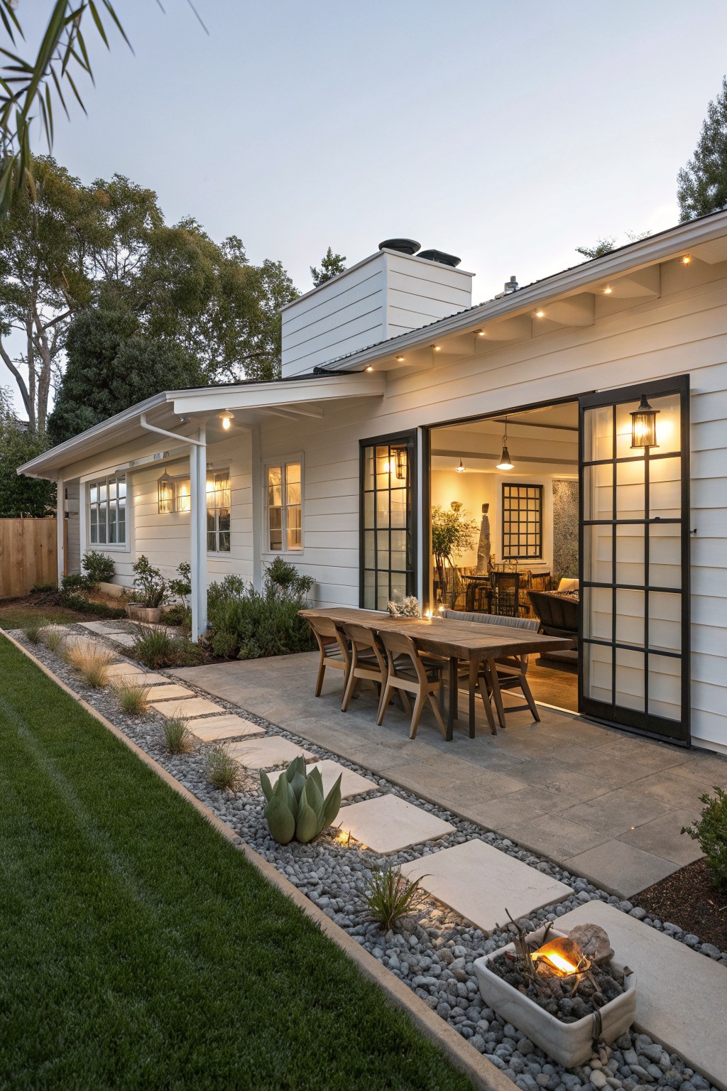 A white ranch house with large black-framed glass doors open to a concrete patio featuring a wooden dining table, chairs, and a fire pit set in gravel with stone pavers.