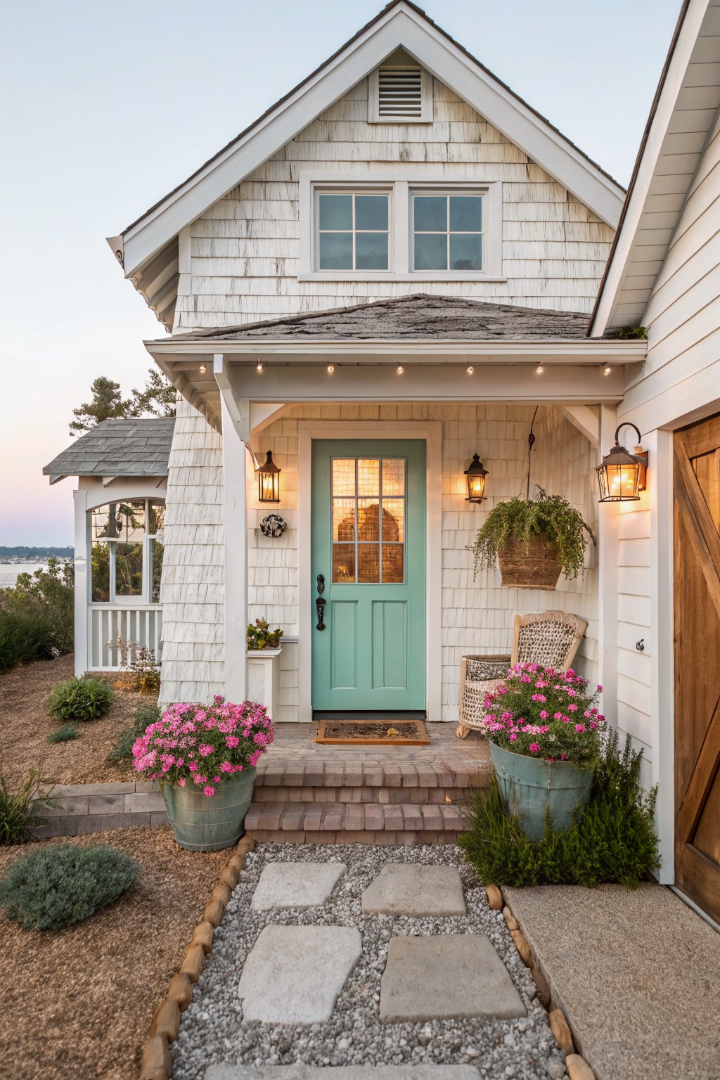 A white shingled house with a mint green front door, string lights above the porch, two lanterns, and a gravel path with large stone pavers leading to the steps.