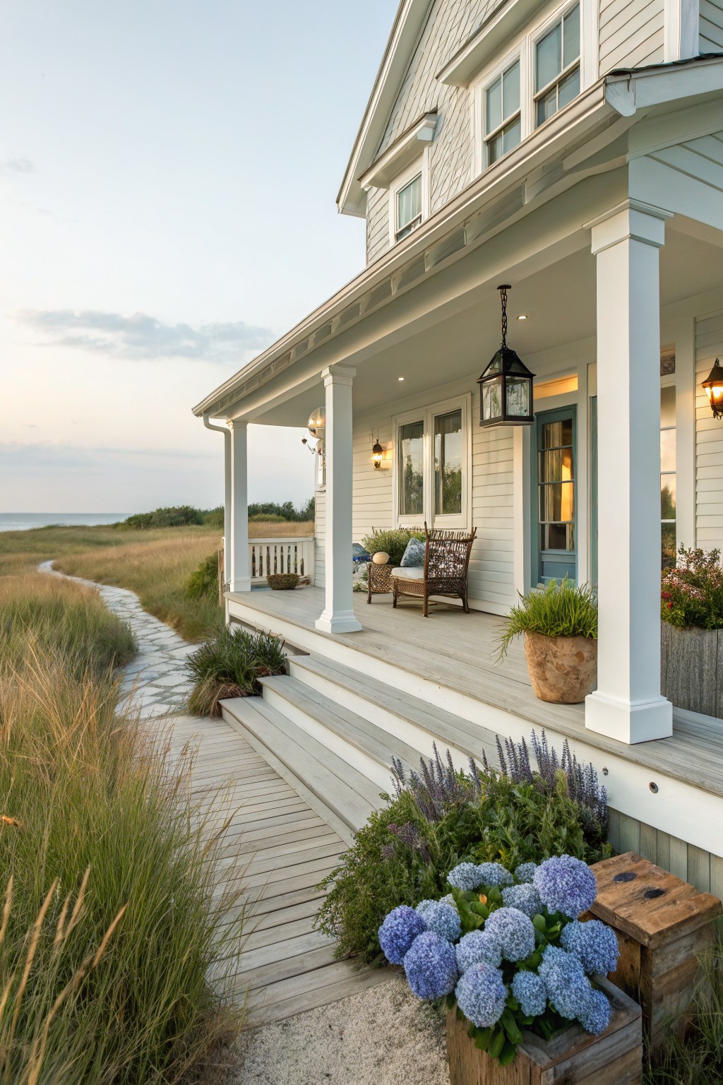 White beach farmhouse with a wide covered porch, white columns, wooden deck and steps, potted plants, and a stone path leading through tall grass toward the ocean.