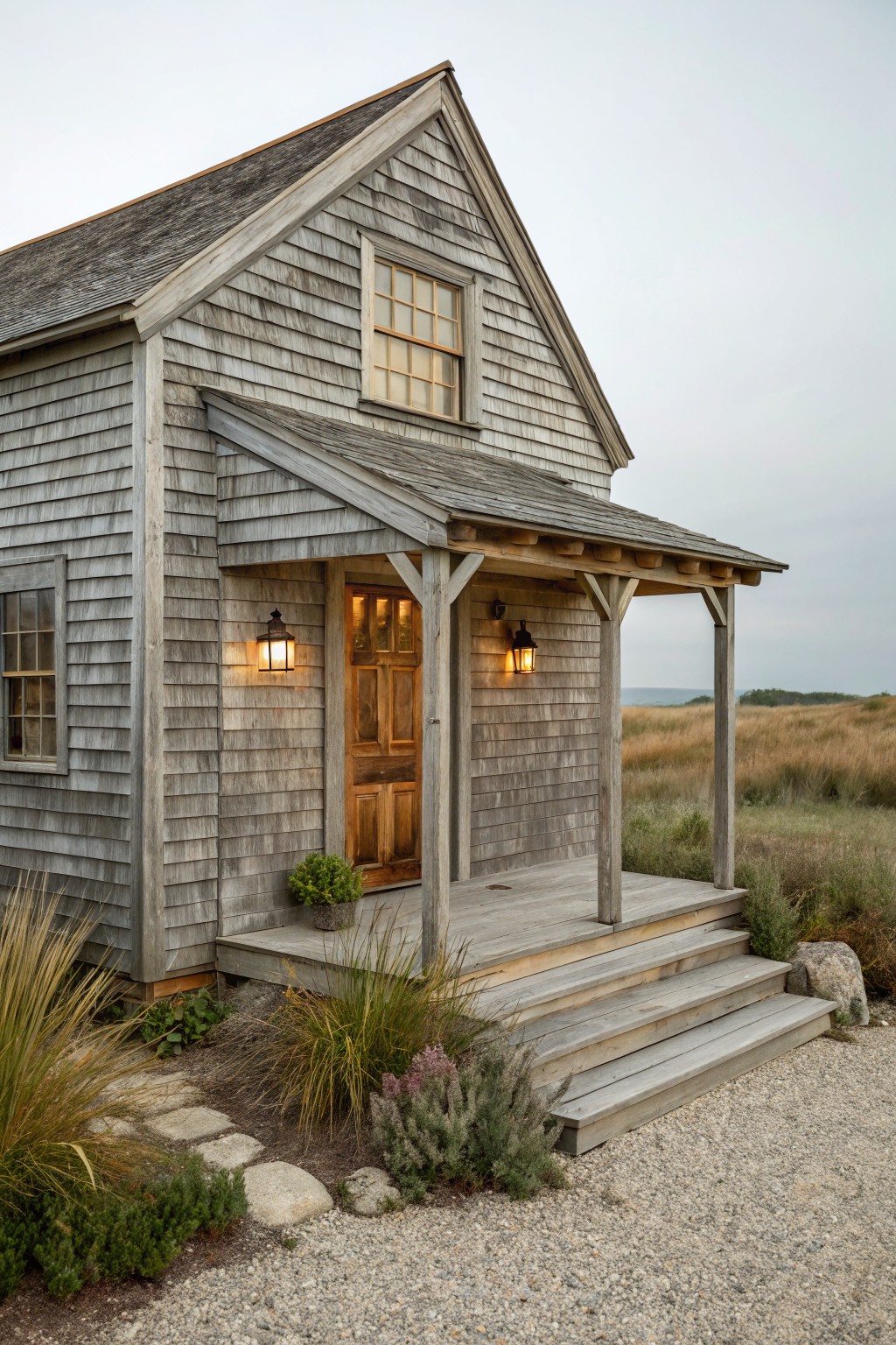 A gray wooden beach house with a small covered front porch, wooden steps, a central door, and two wall lanterns on either side.