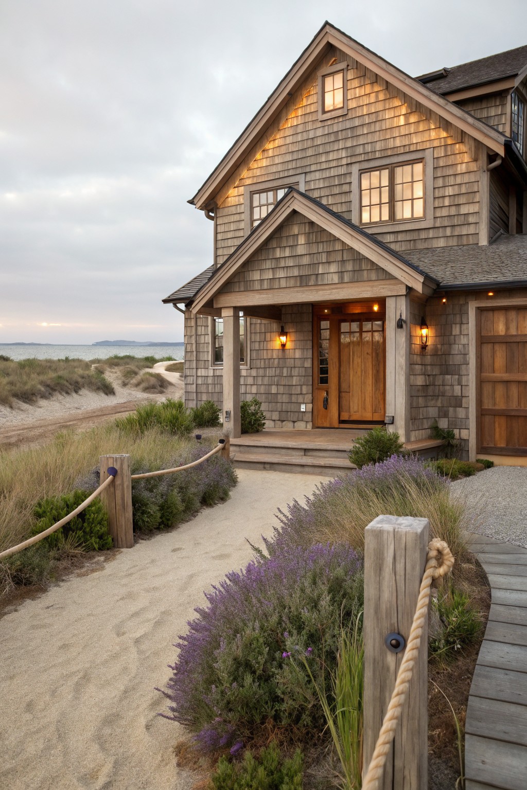 A beach house with gray wood shingles, a gabled wooden entry porch, and a sandy path lined with rope fencing and purple flowering shrubs.