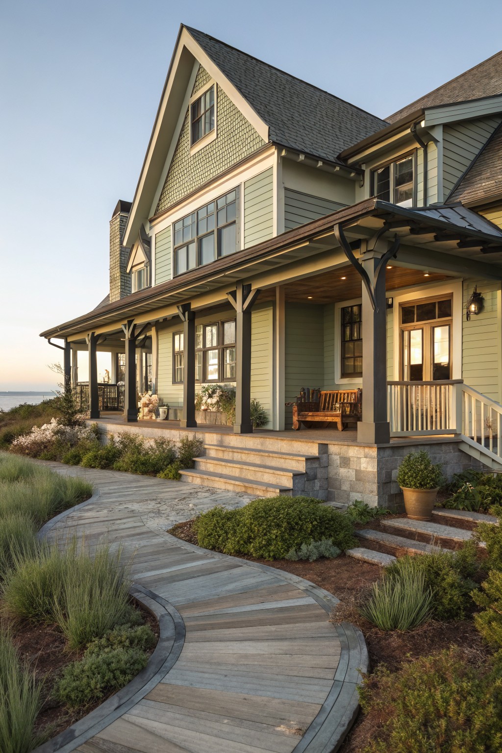 A light green beach farmhouse with a large covered porch, stone foundation, and a curving wooden boardwalk path leading through garden beds to the front steps.