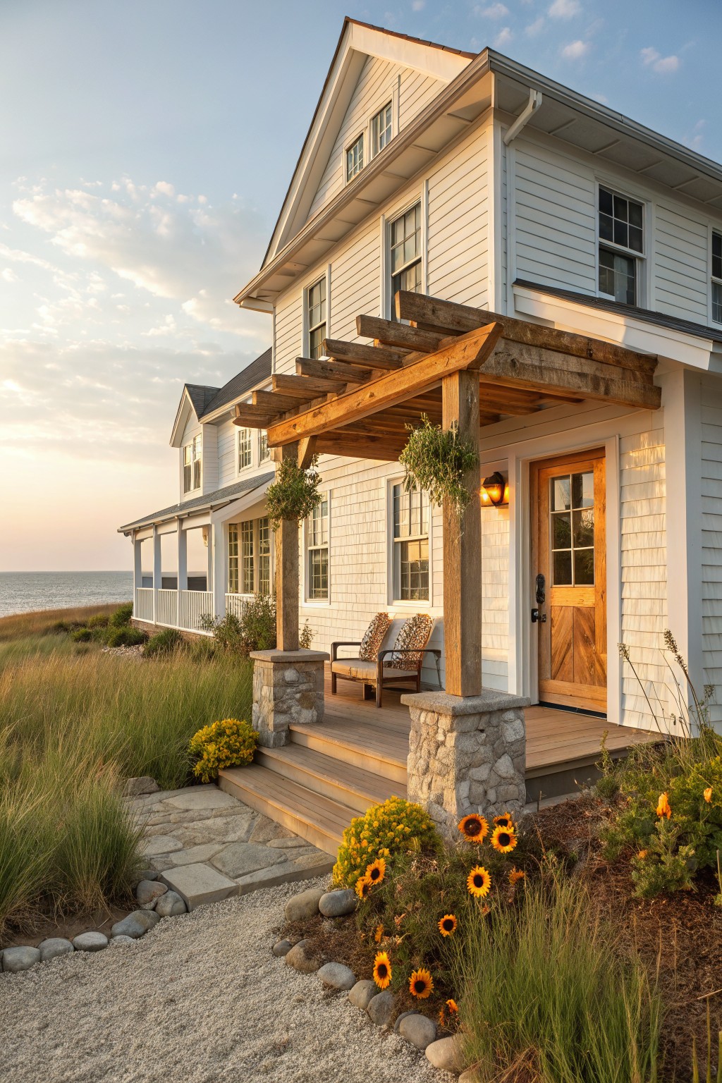 A white two-story house with a wooden front door under a rustic timber pergola on stone pillars, sunflowers planted at the base of the steps, and the ocean visible in the background.