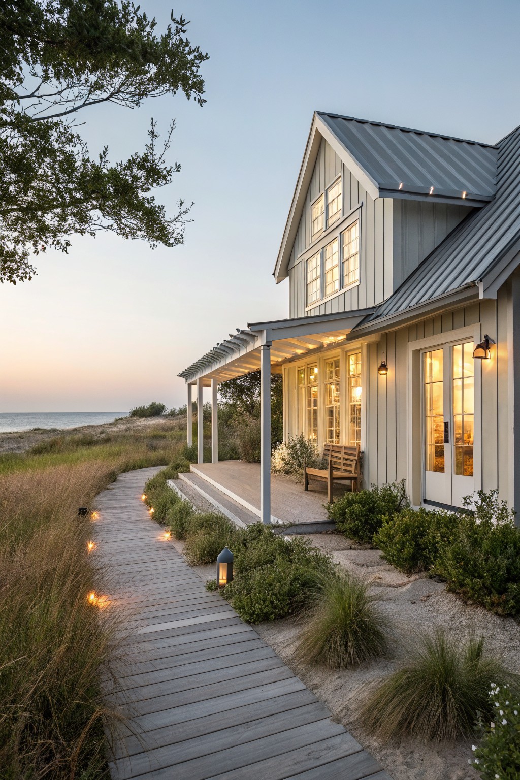 A gray beach farmhouse exterior with a covered porch, wooden bench, and a lighted wooden pathway leading to the entrance.
