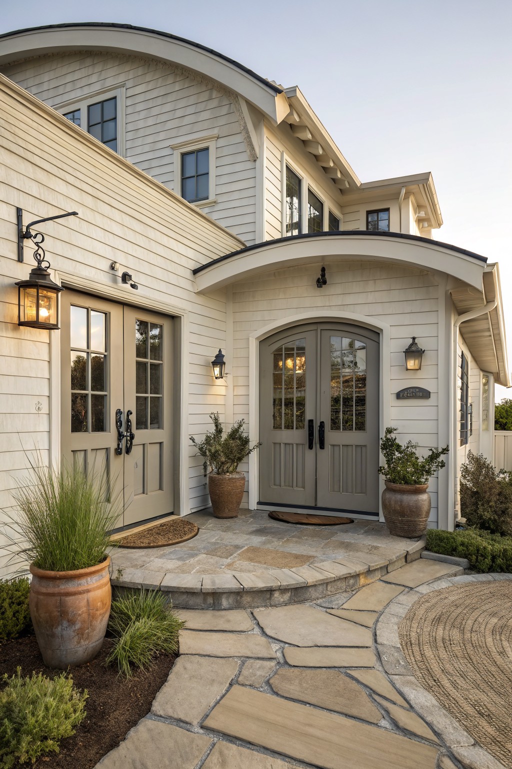 A light-colored two-story house with horizontal siding shows two sets of arched double doors beneath a curved roof overhang, with a stone pathway and potted plants at the entrance.