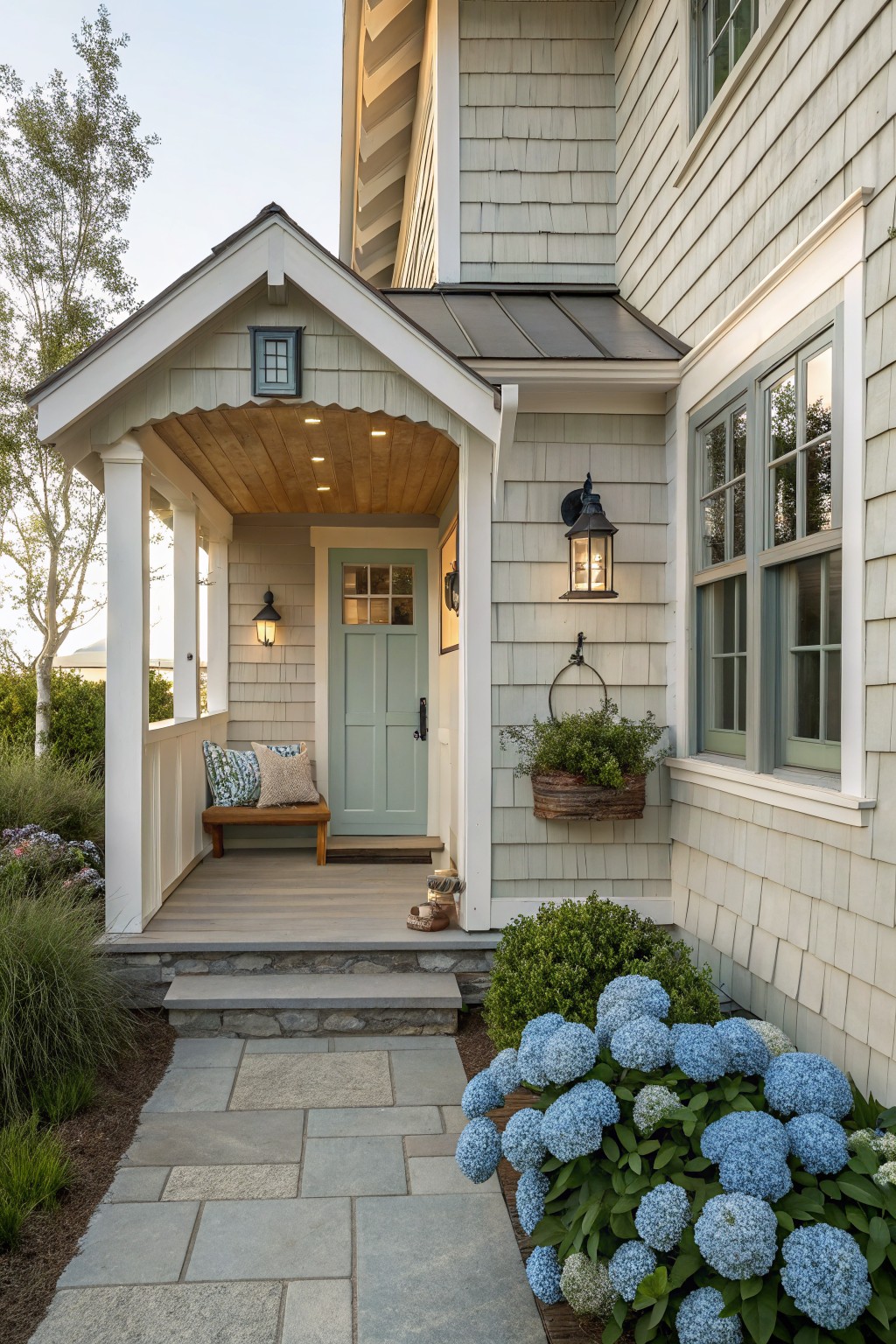 A light-colored house with a gabled front porch, white columns, a wooden bench with pillows, a light blue door, and blue flowers along the stone walkway.