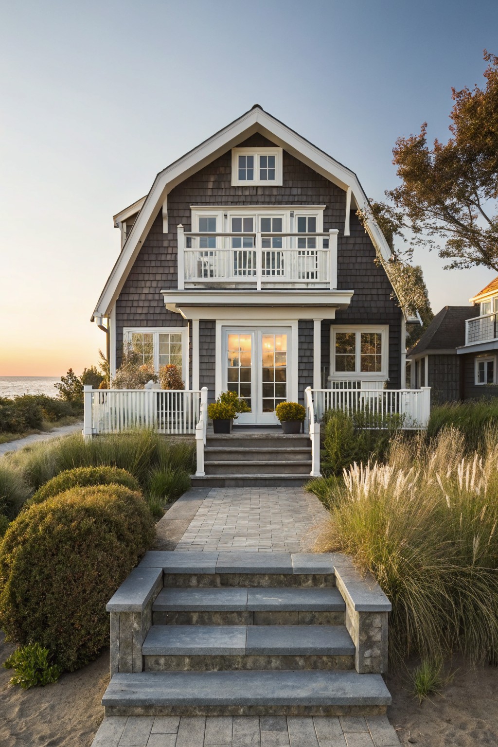 A two-story house with dark gray shingles, white trim, a central balcony, and stone steps leading to double front doors.